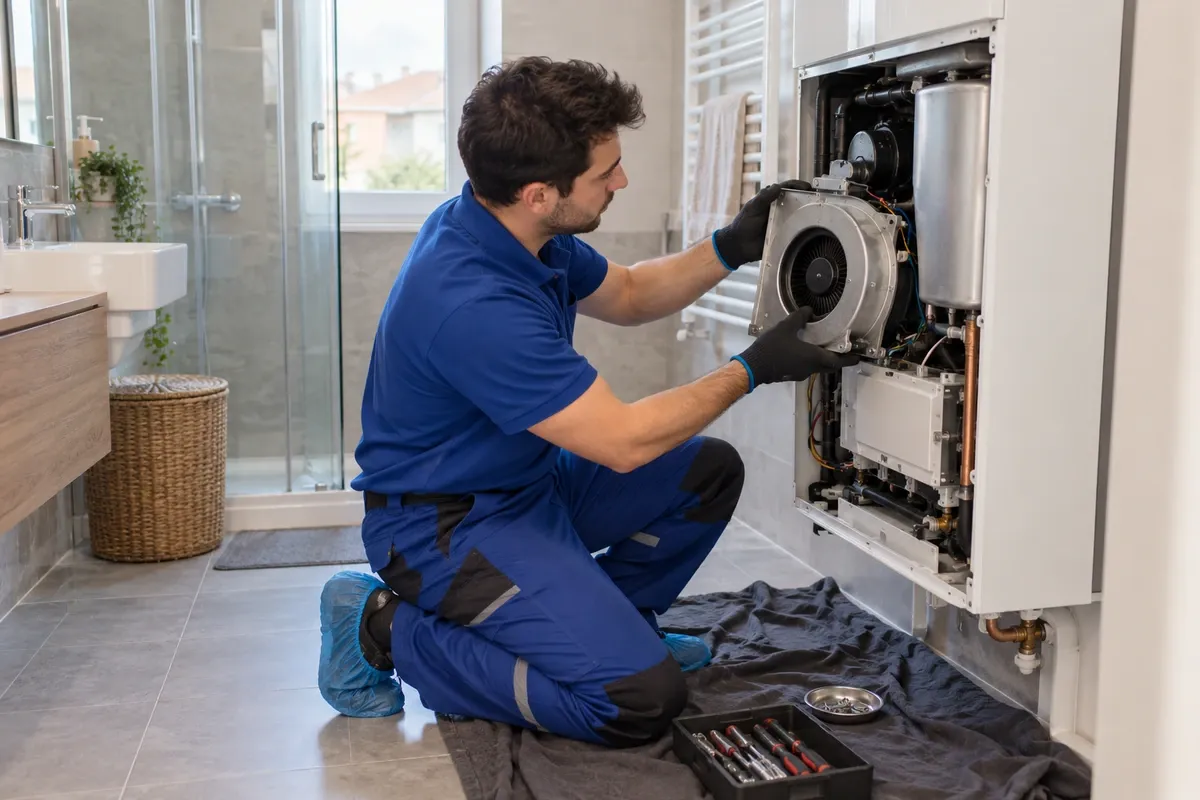 Kombi servisi teknisyeni kombinin ön kapağını açmış, parçaları kontrol ediyor