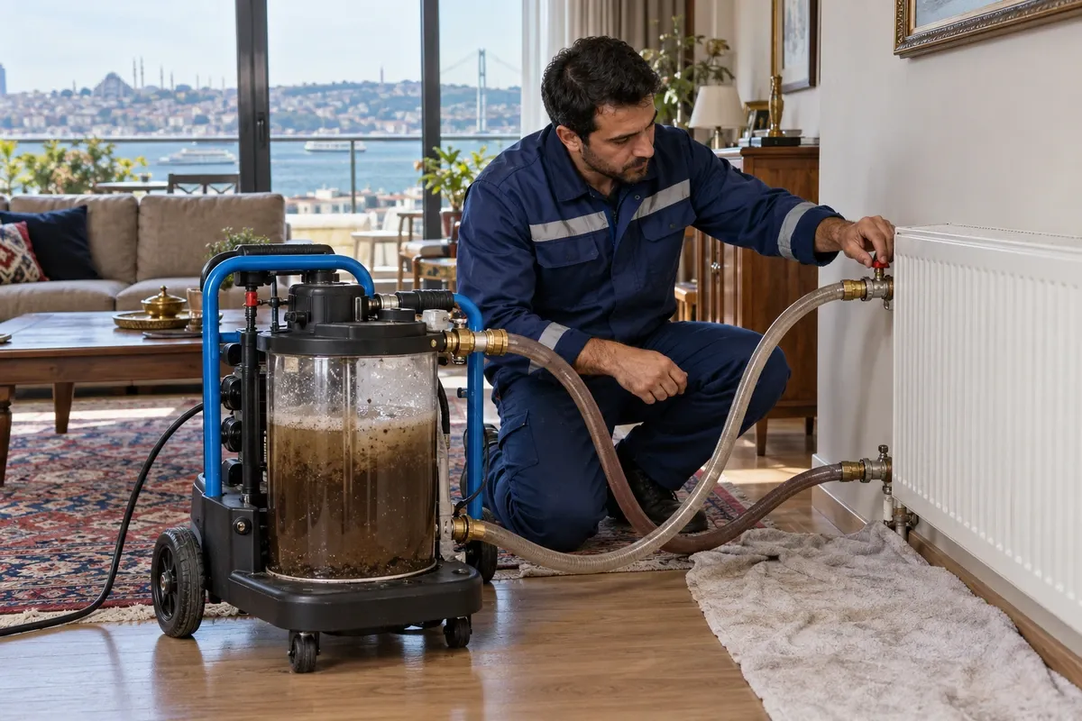 Petek temizleme makinesi radyatöre bağlanmış, tersten yıkama yapılıyor