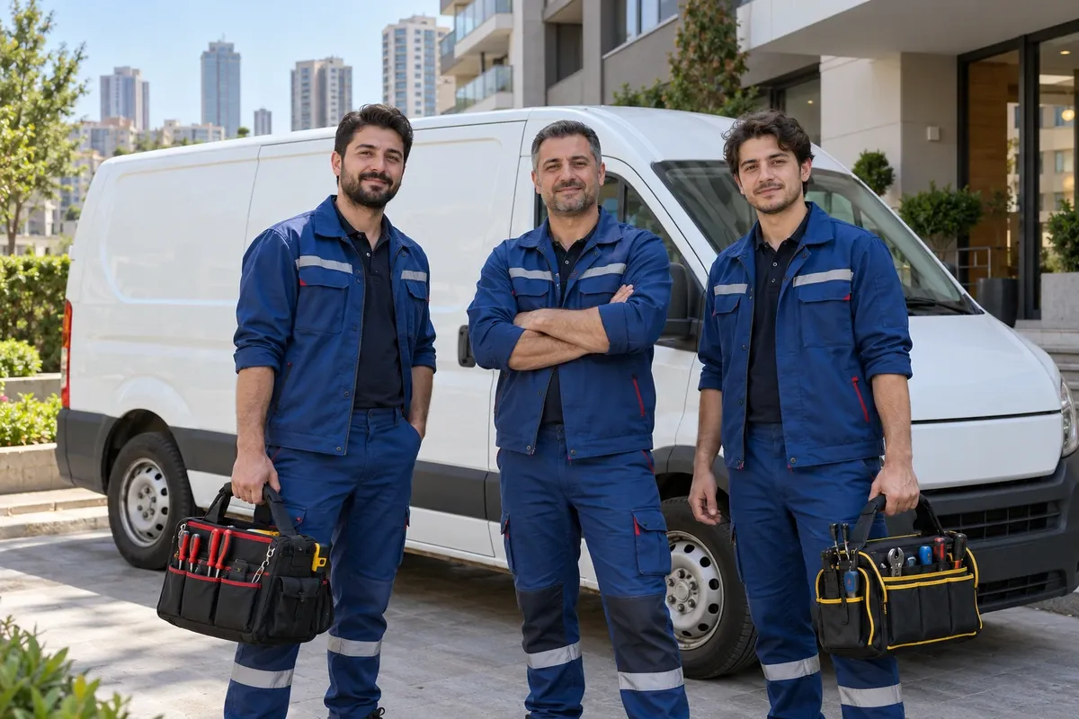 Uygun Servis kombi teknisyenleri servis aracının önünde